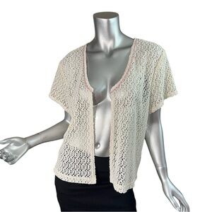 Vintage 90’s Size 16, XL Open Knit Crochet Cardigan Top Beige Pink Rose Collar